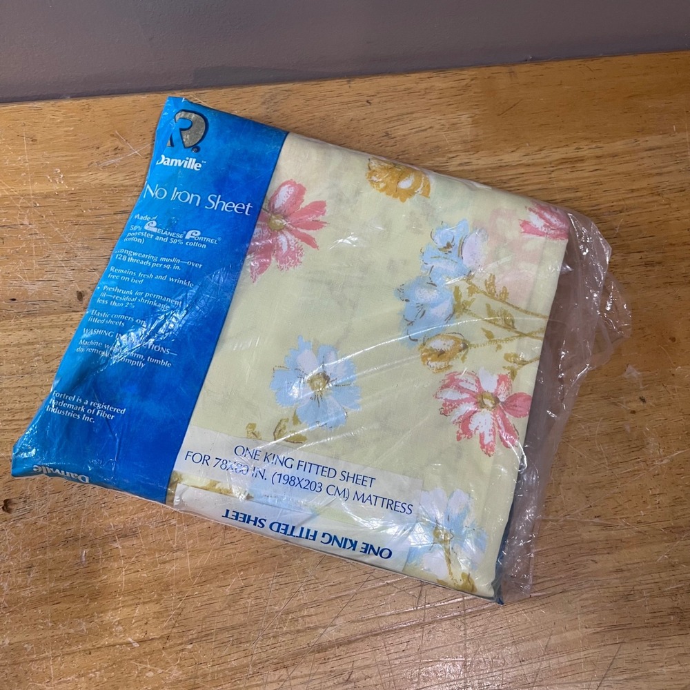 Vtg Danville King Fitted Sheet Floral Pink Blue Yellow No Iron Muslin New USA - Picture 5 of 6